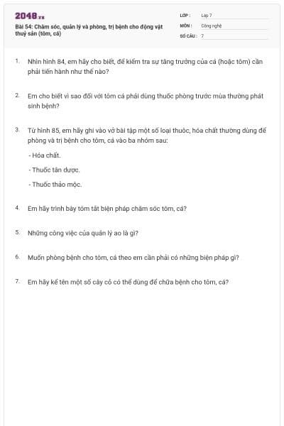 Bài 54: Chăm sóc, quản lý và phòng, trị bệnh cho động vật thuỷ sản (tôm, cá)