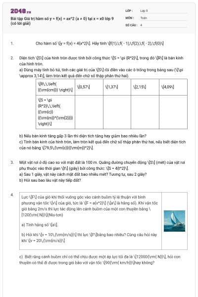 Bài tập Giá trị hàm số y = f(x) = ax^2 (a ≠ 0) tại x = x0 lớp 9 (có lời giải)