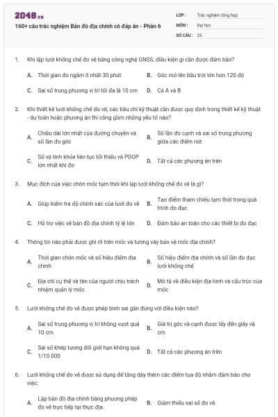 160+ câu trắc nghiệm Bản đồ địa chính có đáp án - Phần 6