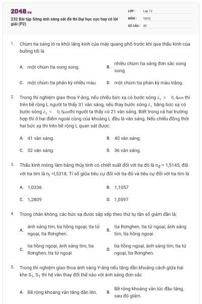 232 Bài tập Sóng ánh sáng sát đề thi Đại học cực hay có lời giải (P2)