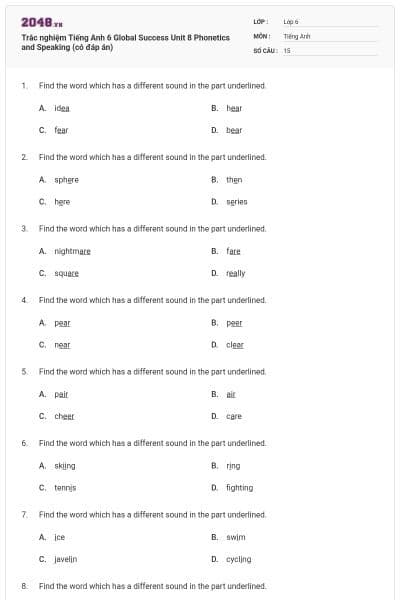 Trắc nghiệm Tiếng Anh 6 Global Success Unit 8 Phonetics and Speaking (có đáp án)