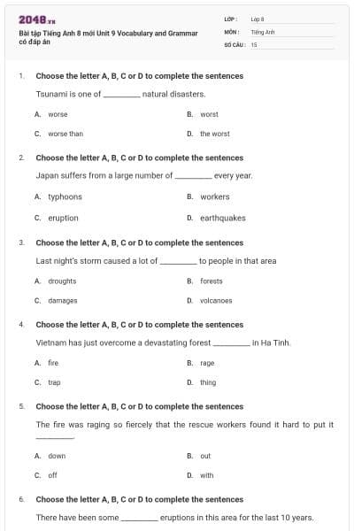 Bài tập Tiếng Anh 8 mới Unit 9 Vocabulary and Grammar có đáp án
