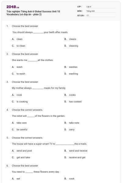 Trắc nghiệm Tiếng Anh 6 Global Success Unit 10 Vocabulary (có đáp án - phần 2)