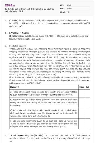 Bộ 3 đề thi cuối kì 2 Lịch sử 8 Chân trời sáng tạo cấu trúc mới có đáp án - Đề 3