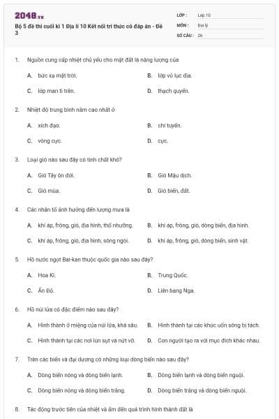 Bộ 5 đề thi cuối kì 1 Địa lí 10 Kết nối tri thức có đáp án - Đề 3