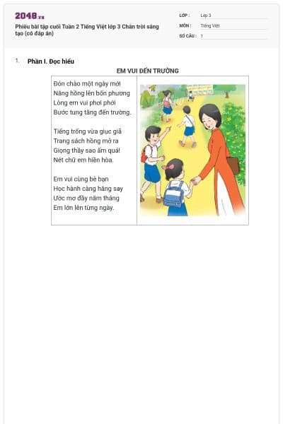 Phiếu bài tập cuối Tuần 2 Tiếng Việt lớp 3 Chân trời sáng tạo (có đáp án)