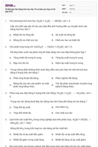 50 Bài tập Cân bằng hóa học lớp 10 cơ bản cực hay có lời giải (P2)