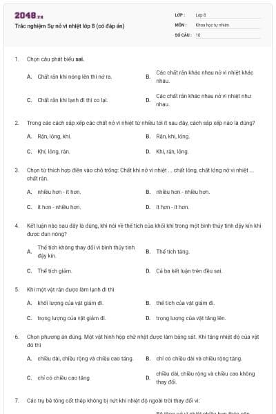 Trắc nghiệm Sự nở vì nhiệt lớp 8 (có đáp án)