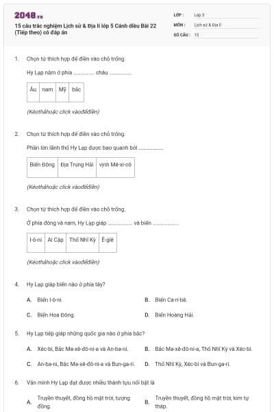 15 câu trắc nghiệm Lịch sử & Địa lí lớp 5 Cánh diều Bài 22 (Tiếp theo) có đáp án
