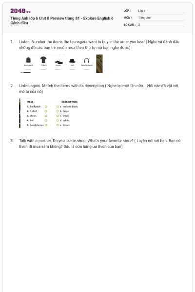 Tiếng Anh lớp 6 Unit 8 Preview trang 81 - Explore English 6 Cánh diều