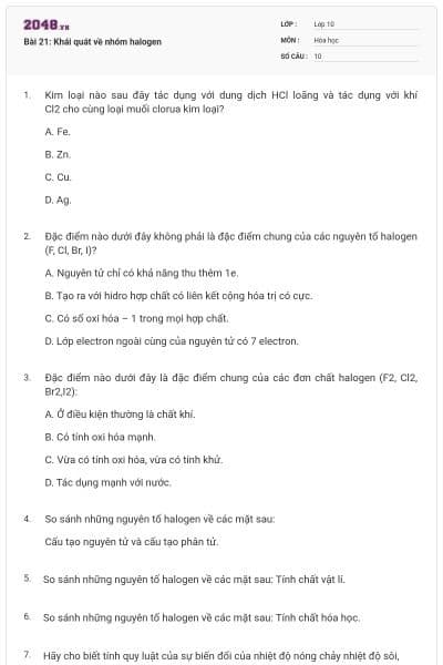 Bài 21: Khái quát về nhóm halogen