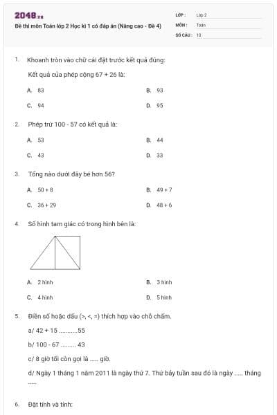 Đề thi môn Toán lớp 2 Học kì 1 có đáp án (Nâng cao - Đề 4)
