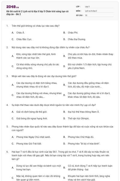 Đề thi cuối kì 2 Lịch sử & Địa lí lớp 5 Chân trời sáng tạo có đáp án - Đề 2