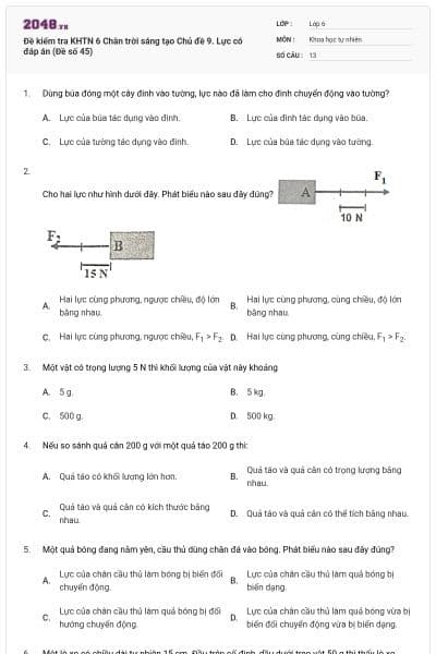 Đề kiểm tra KHTN 6 Chân trời sáng tạo Chủ đề 9. Lực có đáp án (Đề số 45)