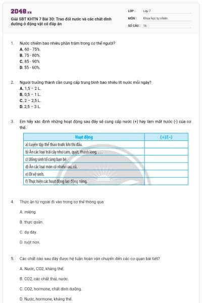 Giải SBT KHTN 7 Bài 30: Trao đổi nước và các chất dinh dưỡng ở động vật có đáp án