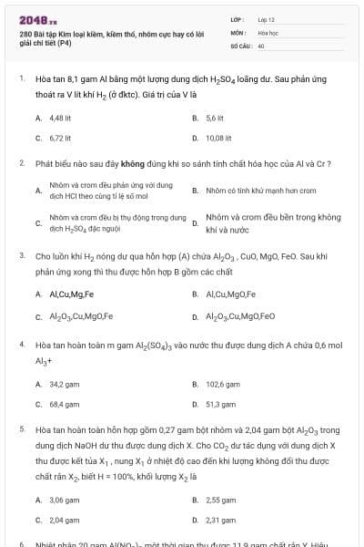 280 Bài tập Kim loại kiềm, kiềm thổ, nhôm cực hay có lời giải chi tiết (P4)