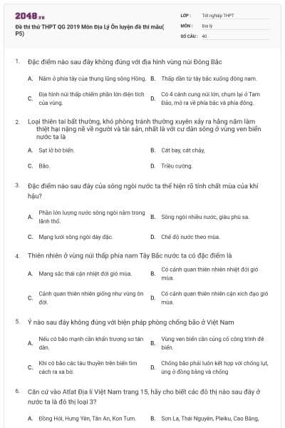 Đề thi thử THPT QG 2019 Môn Địa Lý Ôn luyện đề thi mẫu( P5)
