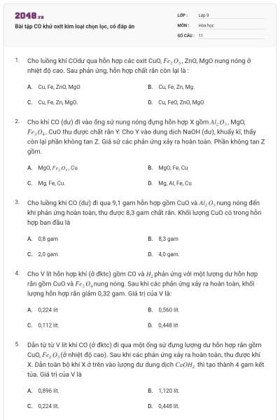 Bài tập CO khử oxit kim loại chọn lọc, có đáp án