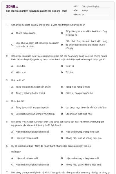 50+ câu Trắc nghiệm Nguyên lý quản trị (có đáp án) - Phần 1