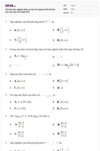 234 bài trắc nghiệm Hàm số mũ và Logarit từ đề thi Đại học cực hay có lời giải (P2)