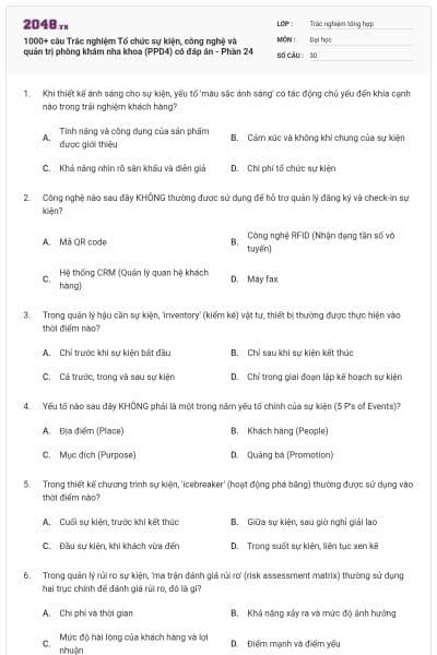 1000+ câu Trắc nghiệm Tổ chức sự kiện, công nghệ và quản trị phòng khám nha khoa (PPD4) có đáp án - Phần 24