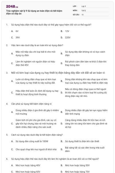 Trắc nghiệm vật lý 9 Sử dụng an toàn điện và tiết kiệm điện có đáp án