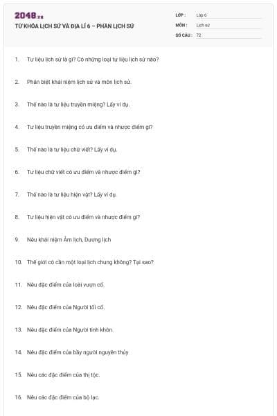 TỪ KHÓA LỊCH SỬ VÀ ĐỊA LÍ 6 – PHẦN LỊCH SỬ