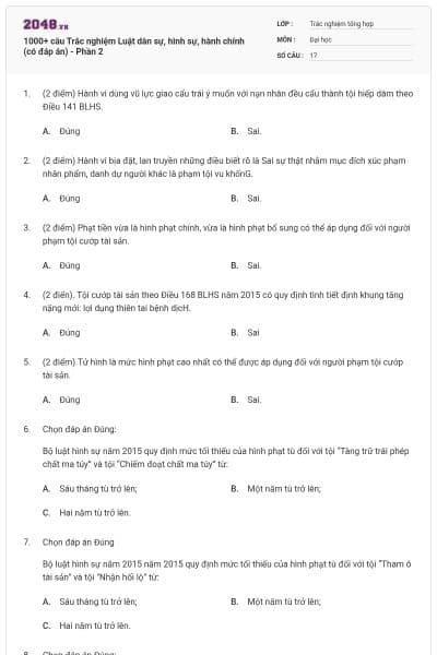 1000+ câu Trắc nghiệm Luật dân sự, hình sự, hành chính (có đáp án) - Phần 2