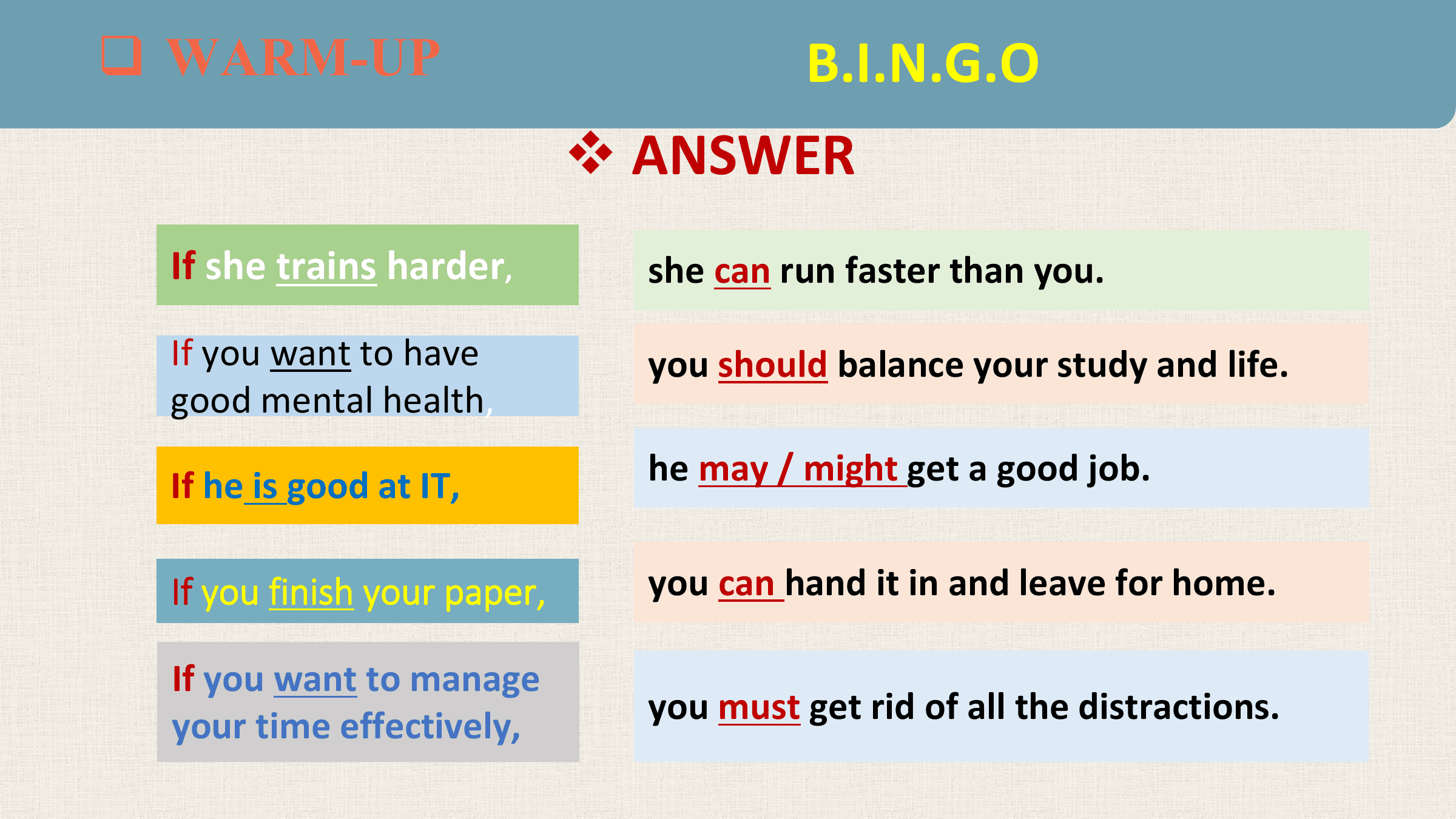 WARM-UP
 q WARM-UP
WARM-UP B.I.N.G.O
 v ANSWER
 If she trains harder, she can run faster than you.

 If you want to have you should balance your study and life.
 good mental health,

 If he is good at IT, he may / might get a good job.

 If you finish your paper, you can hand it in and leave for home.

 If you want to manage
 your time effectively, you must get rid of all the distractions.
