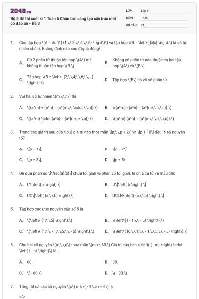 Bộ 5 đề thi cuối kì 1 Toán 6 Chân trời sáng tạo cấu trúc mới có đáp án - Đề 3