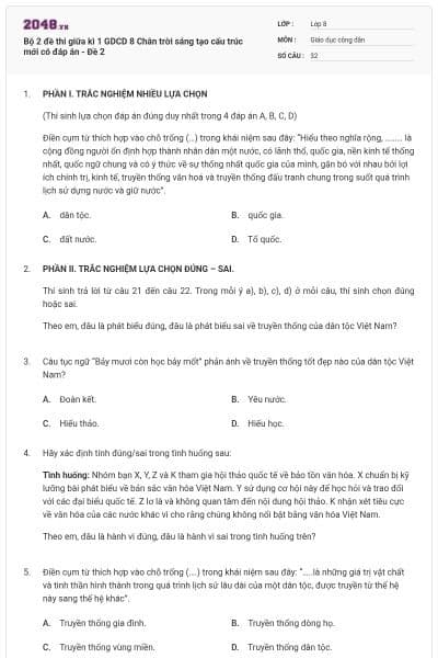 Bộ 2 đề thi giữa kì 1 GDCD 8 Chân trời sáng tạo cấu trúc mới có đáp án - Đề 2