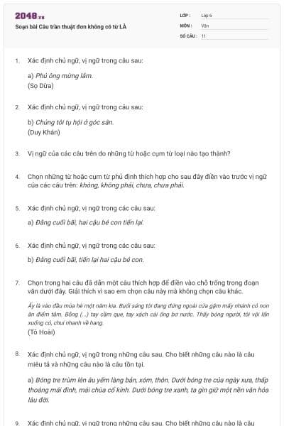 Soạn bài Câu trần thuật đơn không có từ LÀ