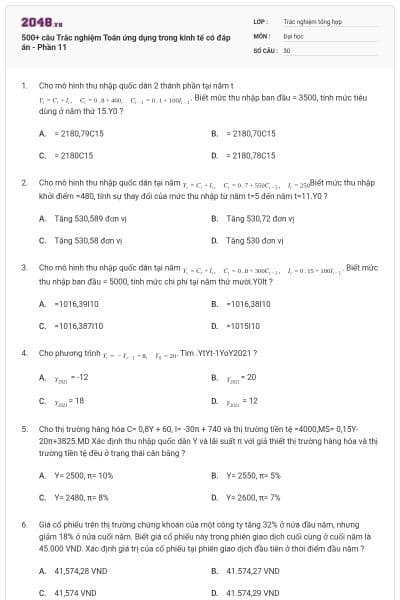 500+ câu Trắc nghiệm Toán ứng dụng trong kinh tế có đáp án - Phần 11