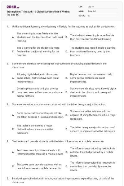 Trắc nghiệm Tiếng Anh 10 Global Success Unit 8 Writing (có đáp án)