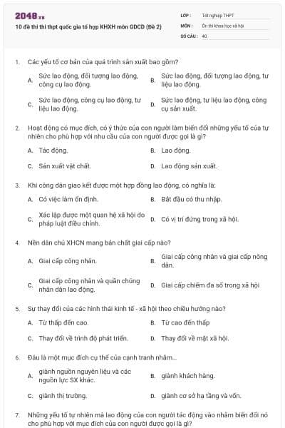 10 đề thi thi thpt quốc gia tổ hợp KHXH môn GDCD (Đề 2)