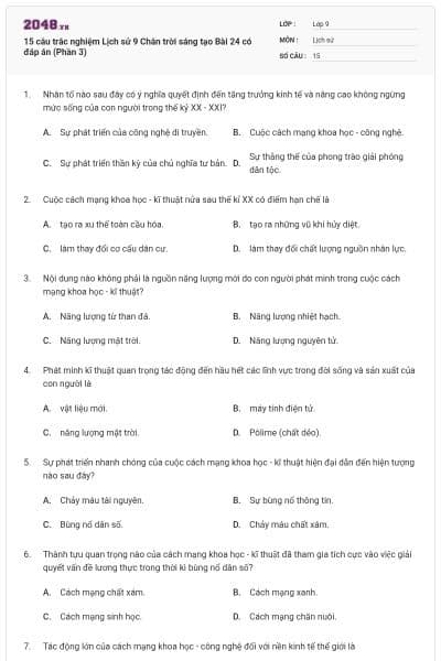 15 câu trắc nghiệm Lịch sử 9 Chân trời sáng tạo Bài 24 có đáp án (Phần 3)