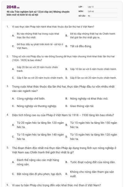 46 câu Trắc nghiệm lịch sử 12(có đáp án) Những chuyển biến mới về kinh tế và xã hội