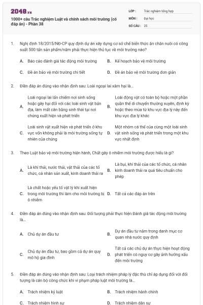 1000+ câu Trắc nghiệm Luật và chính sách môi trường (có đáp án) - Phần 38
