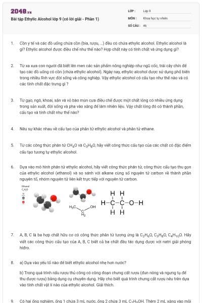 Bài tập Ethylic Alcohol lớp 9 (có lời giải - Phần 1)