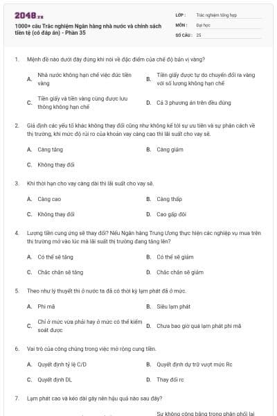 1000+ câu Trắc nghiệm Ngân hàng nhà nước và chính sách tiền tệ (có đáp án) - Phần 35
