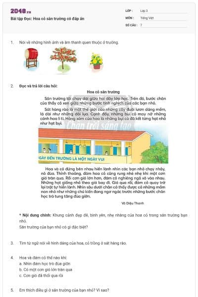 Bài tập Đọc: Hoa cỏ sân trường có đáp án