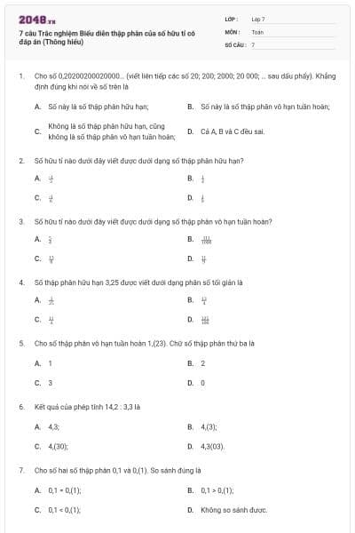 7 câu Trắc nghiệm Biểu diễn thập phân của số hữu tỉ có đáp án (Thông hiểu)