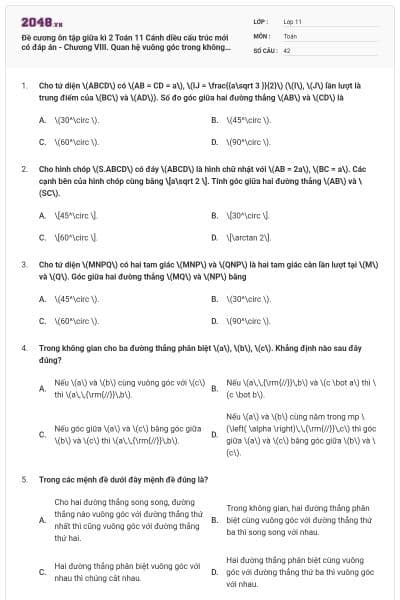 Đề cương ôn tập giữa kì 2 Toán 11 Cánh diều cấu trúc mới có đáp án - Chương VIII. Quan hệ vuông góc trong không gian. Phép chiếu vuông góc