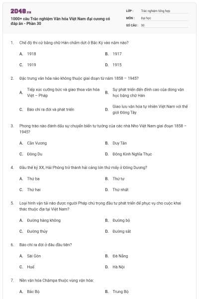 1000+ câu Trắc nghiệm Văn hóa Việt Nam đại cương có đáp án - Phần 30