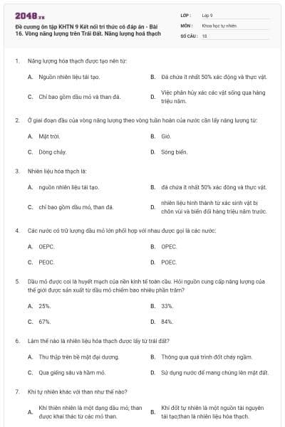 Đề cương ôn tập KHTN 9 Kết nối tri thức có đáp án - Bài 16. Vòng năng lượng trên Trái Đất. Năng lượng hoá thạch