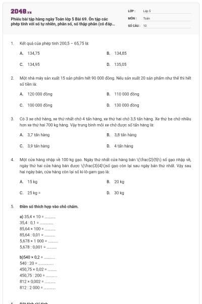 Phiếu bài tập hàng ngày Toán lớp 5 Bài 69. Ôn tập các phép tính với số tự nhiên, phân số, số thập phân (có đáp án)