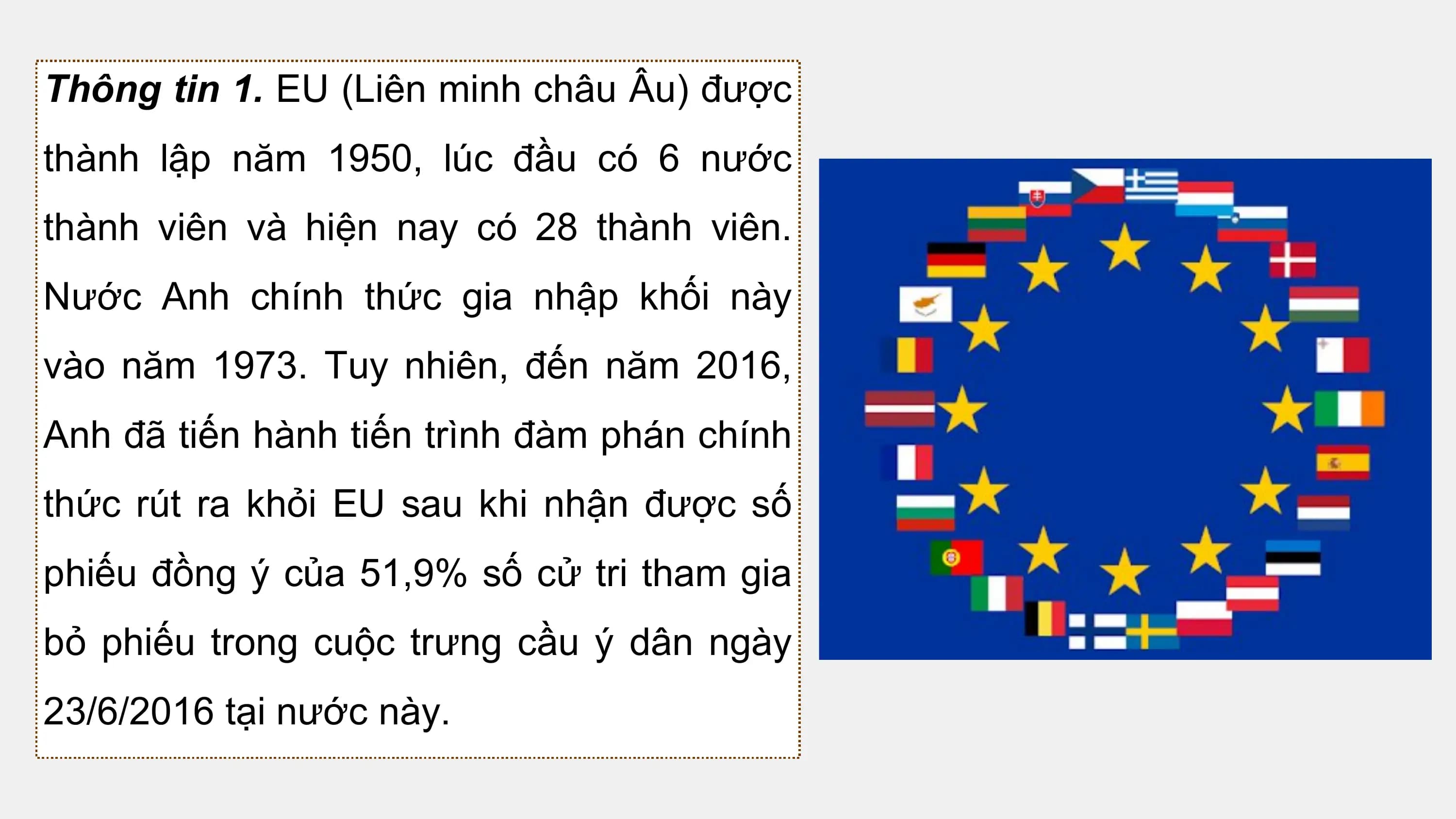 Thông tin 1. EU (Liên minh châu Âu) được
thành lập năm 1950, lúc đầu có 6 nước
thành viên và hiện nay có 28 thành viên.
Nước Anh chính thức gia nhập khối này
vào năm 1973. Tuy nhiên, đến năm 2016,
Anh đã tiến hành tiến trình đàm phán chính
thức rút ra khỏi EU sau khi nhận được số
phiếu đồng ý của 51,9% số cử tri tham gia
bỏ phiếu trong cuộc trưng cầu ý dân ngày
23/6/2016 tại nước này.