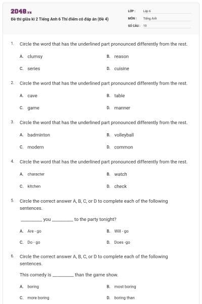 Đề thi giữa kì 2 Tiếng Anh 6 Thí điểm có đáp án (Đề 4)