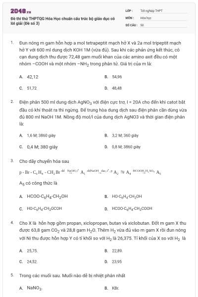 Đề thi thử THPTQG Hóa Học chuẩn cấu trúc bộ giáo dục có lời giải (Đề số 3)