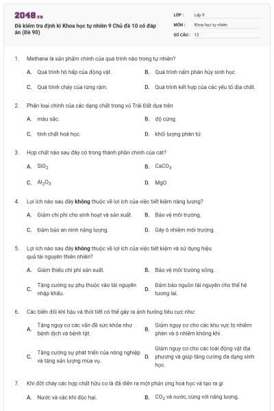 Đề kiểm tra định kì Khoa học tự nhiên 9 Chủ đề 10 có đáp án (Đề 90)
